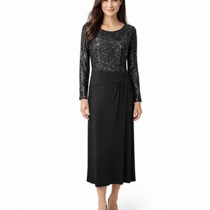 NWT Venus Black Round Neck Sequin Jersey Long Sleeve Evening  Dress 12